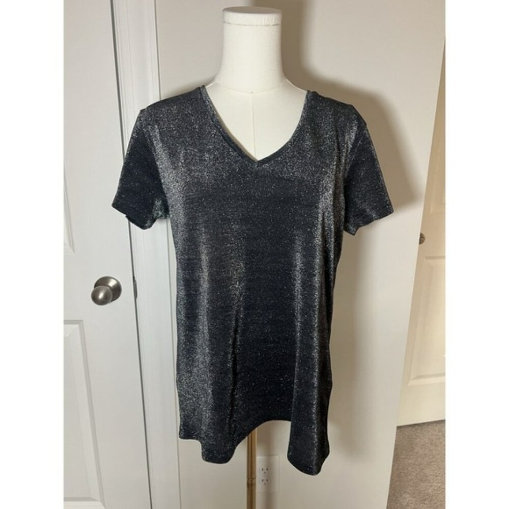 Women's AllSaints Black Metallic Shimmer Short Sleeve Blouse Large